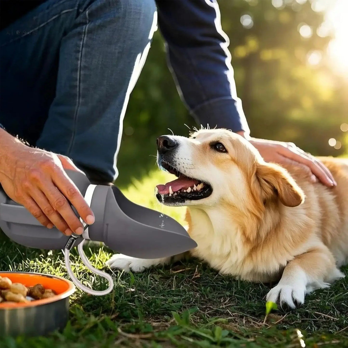 Un homme donne de l'eau à son corgi avec une gourde pour chien.