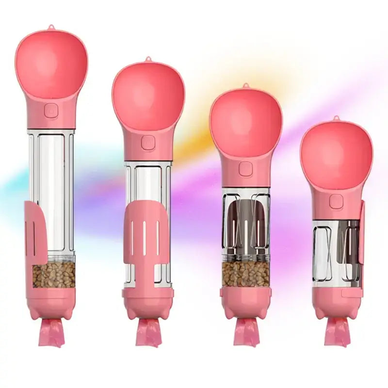 Quatre choix de grandeur des gourdes pour chiens de couleur rose.