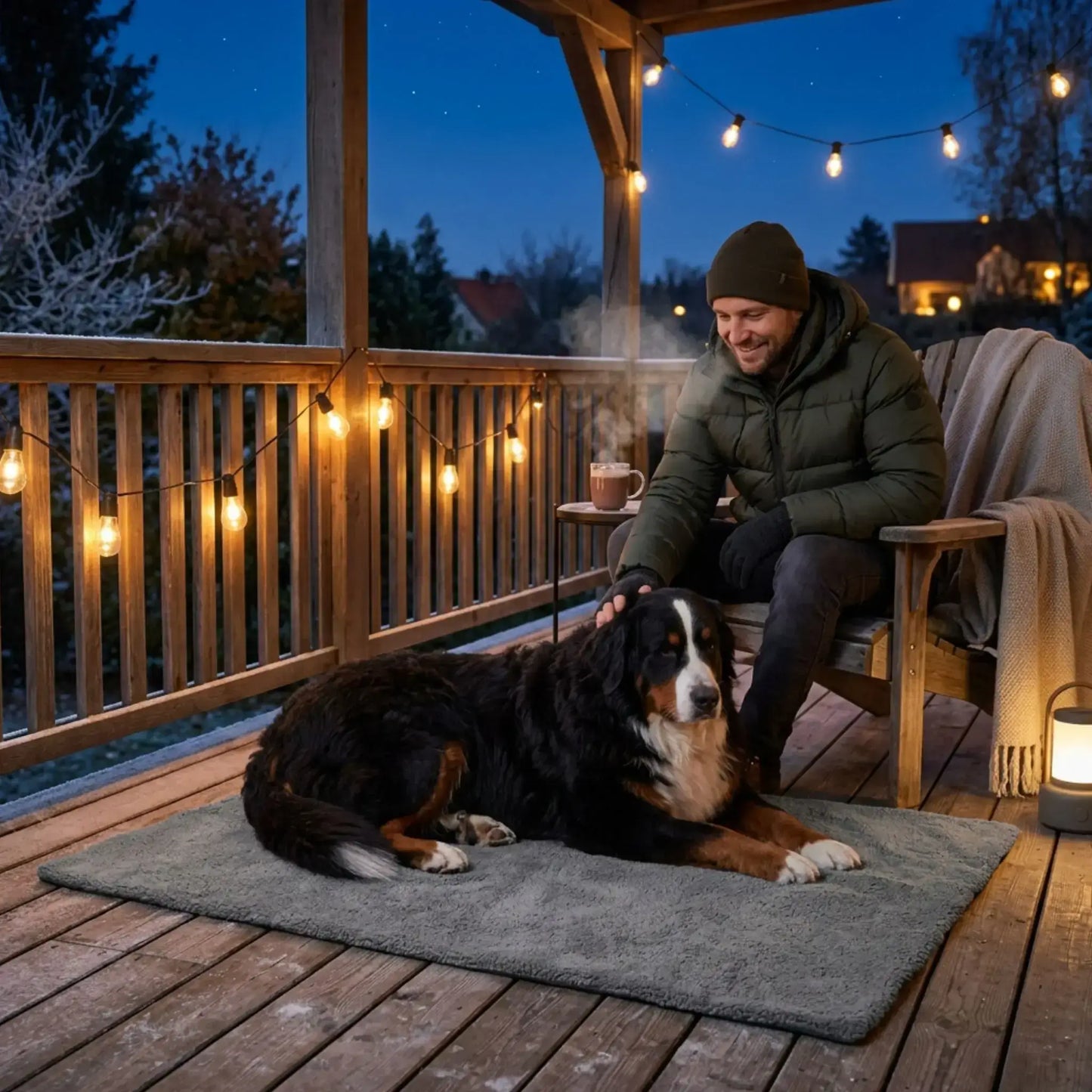 Un homme assis sur une terrasse caresse son bouvier bernois allongé sur un grand tapis pour chien.