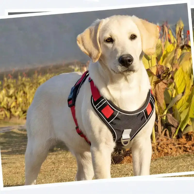 Un labrador avec un harnais avec laisse intégrée rouge.