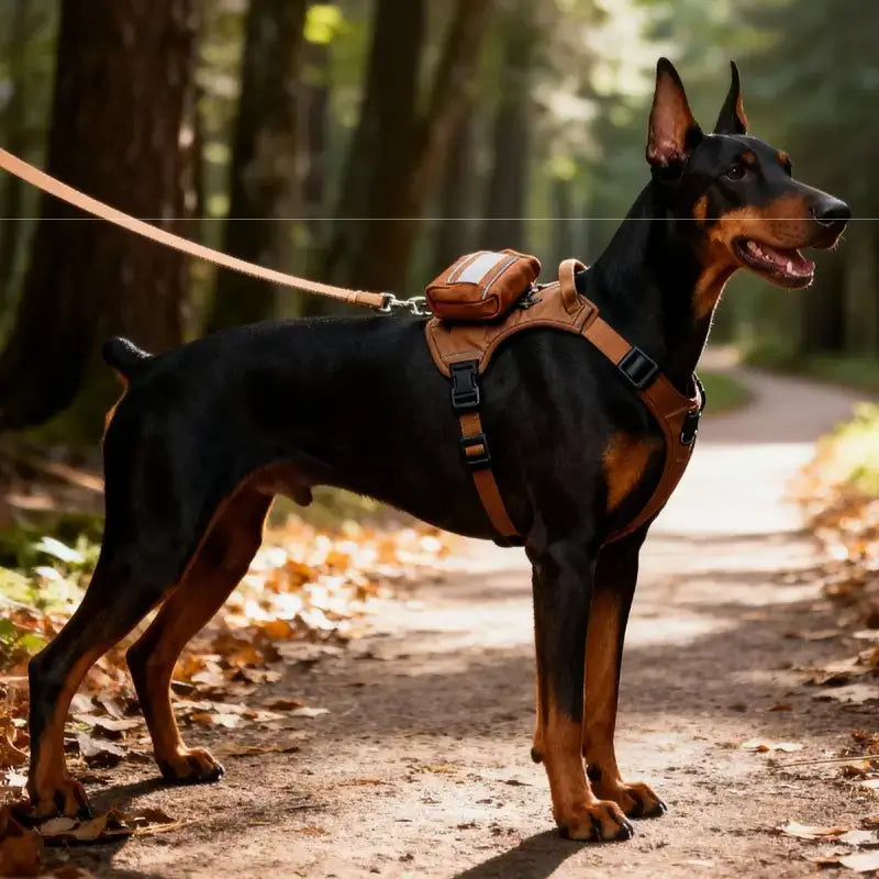 Vue latérale d'un doberman en laisse avec son harnais de randonnée pour chien en foret.