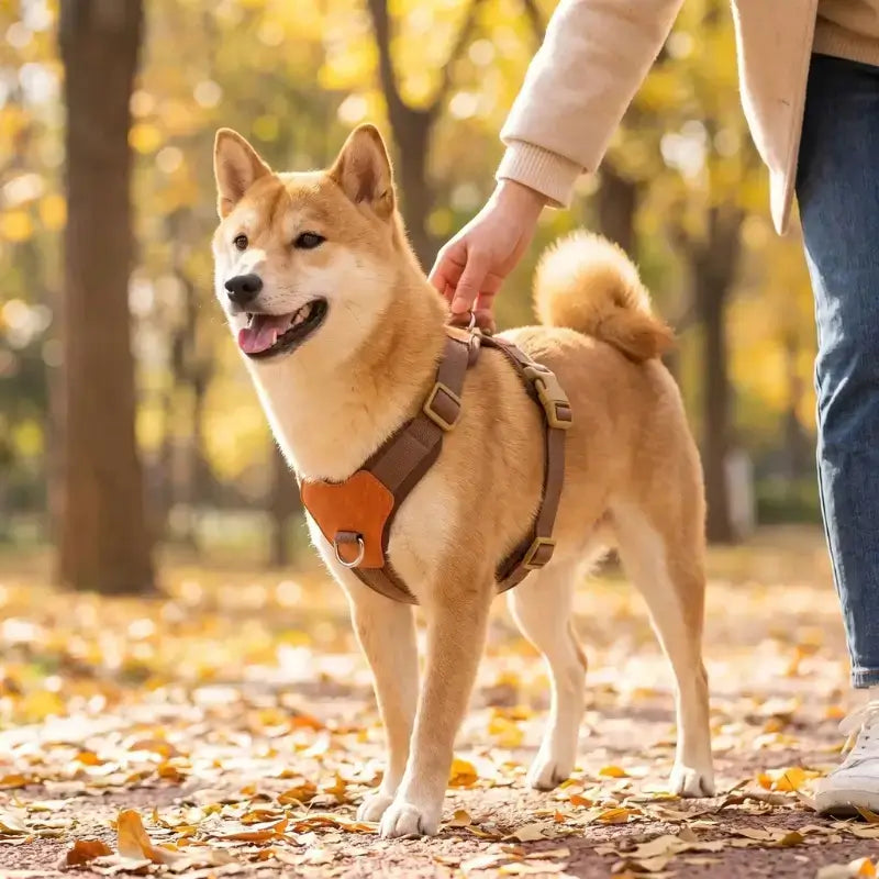 Un shiba inu marche avec son maître dans un sentier avec son harnais marron.