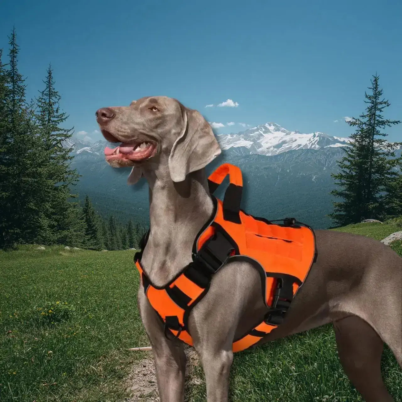 Un baque allemand en randonnée dans les montagnes avec son harnais militaire pour chien orange.