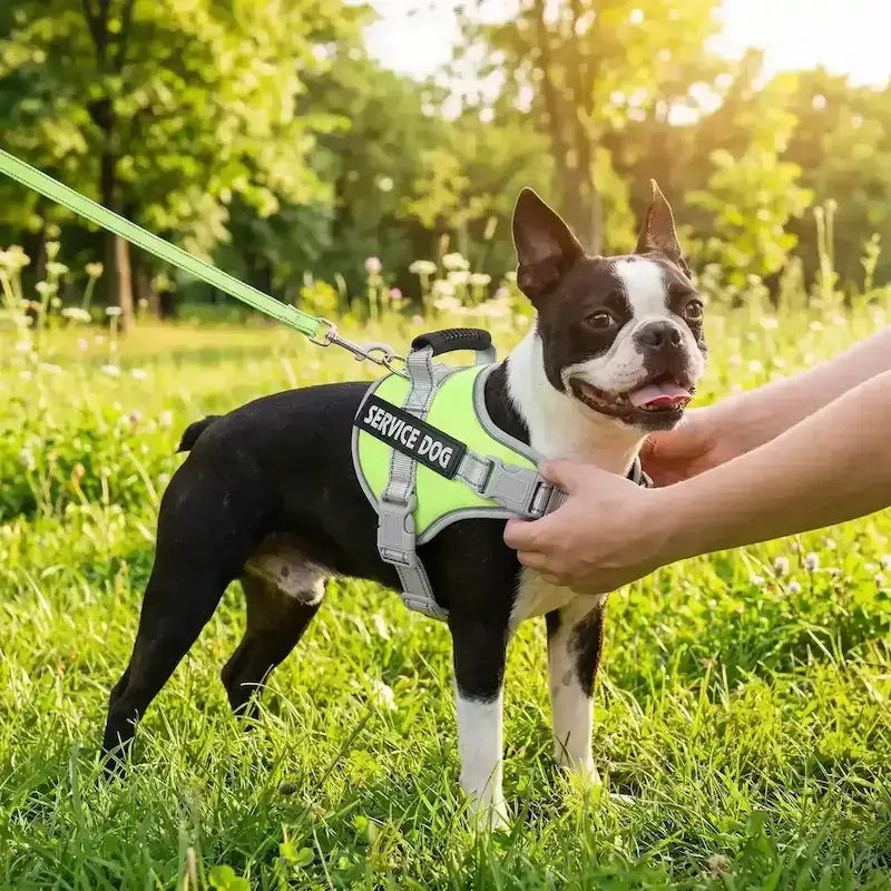 Un homme met en place le harnais personnalisable pour chien sur son Boston terrier.