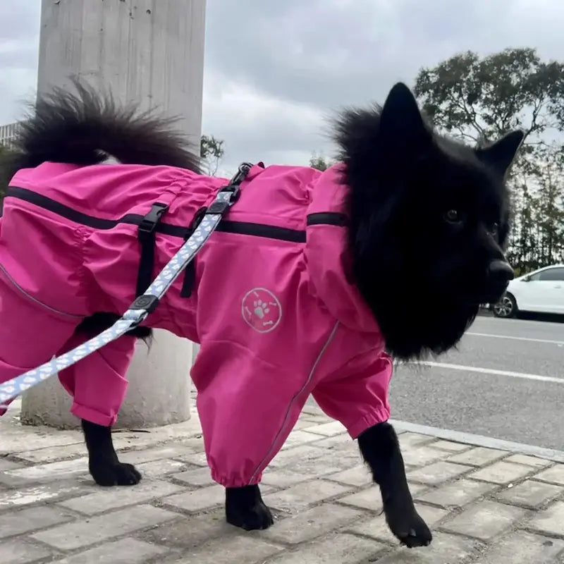 Un husky noir vêtu d'un imperméable pour chien rose fuchsia en ville.