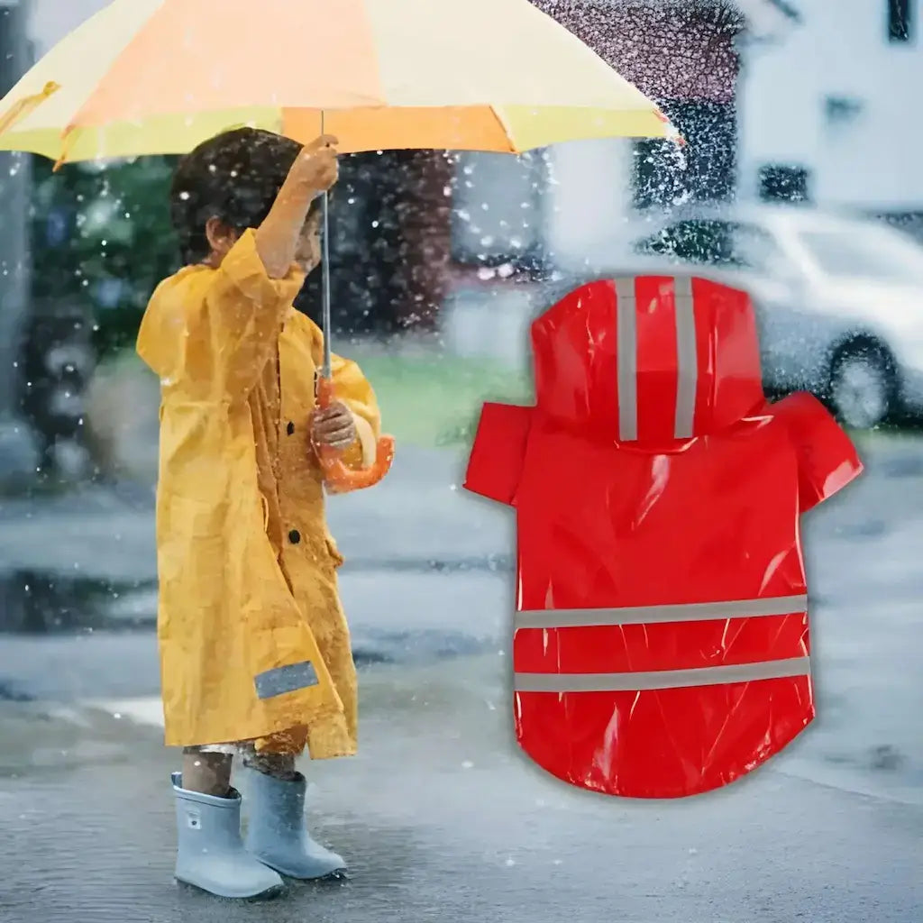Un garçon avec un parapluie sous la pluie avec un imperméable pour chien rouge.
