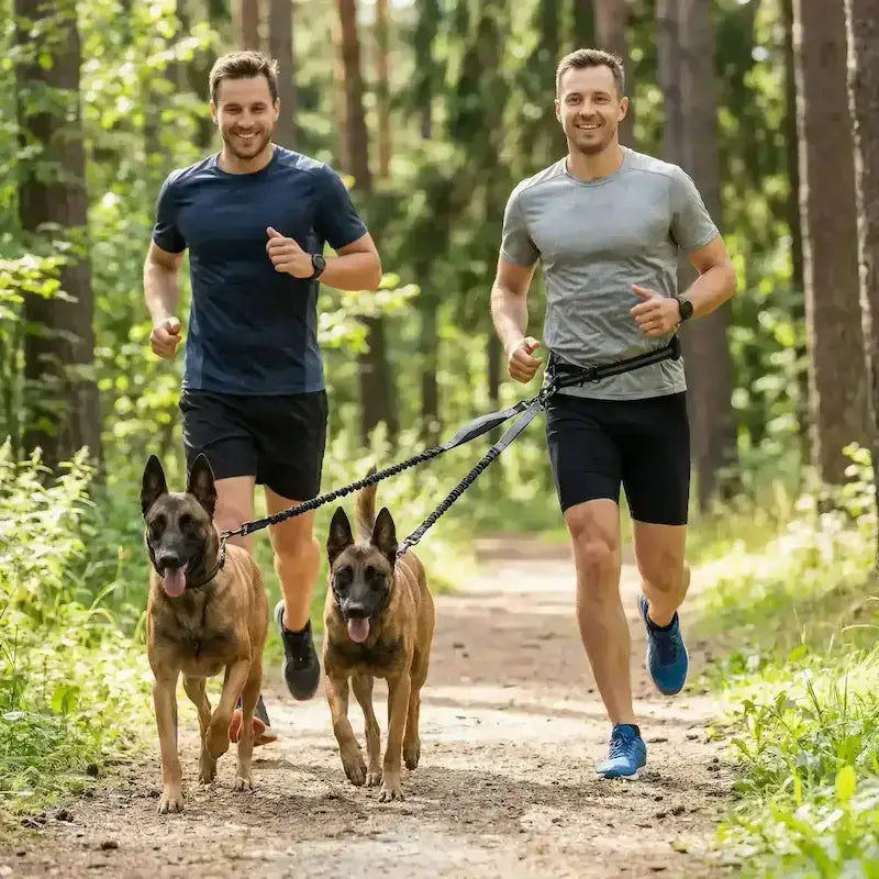 Deux hommes font du jogging avec deux malinois avec une laisse pour chien main libre dans un sentier.