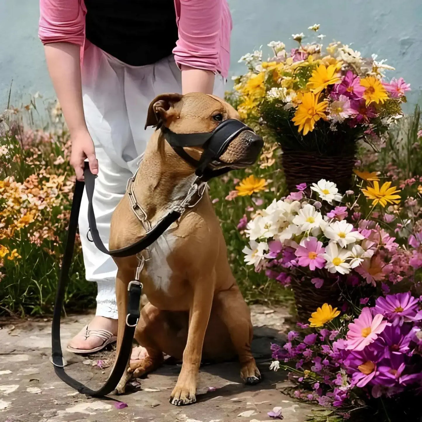 Un Staffordshire brun en laisse avec son maitre portant un licol noir et plusieurs fleurs autour de lui.