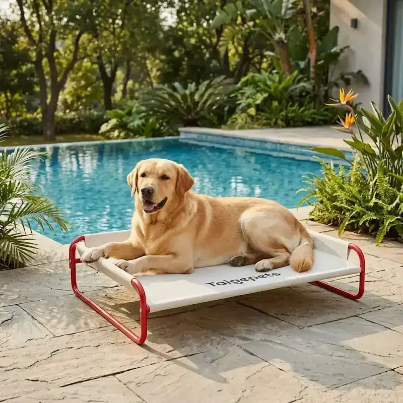 Un labrador est allongé sur son lit, notre chien XXL près de la piscine.