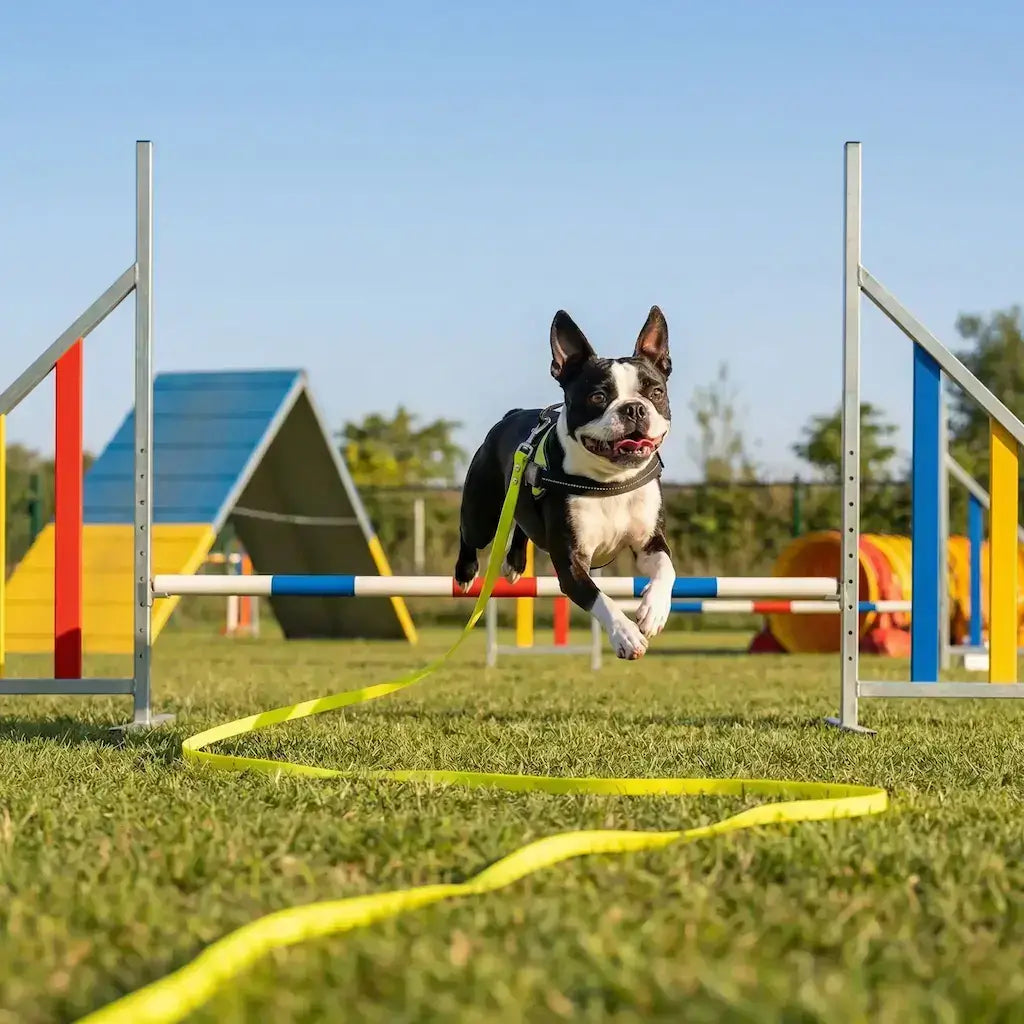 Un Boston Terrier qui court sur un terrain d'agility avec sa longe pour chien de 20 m jaune.