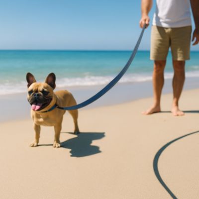 longe chien plage bouledogue francais maitre