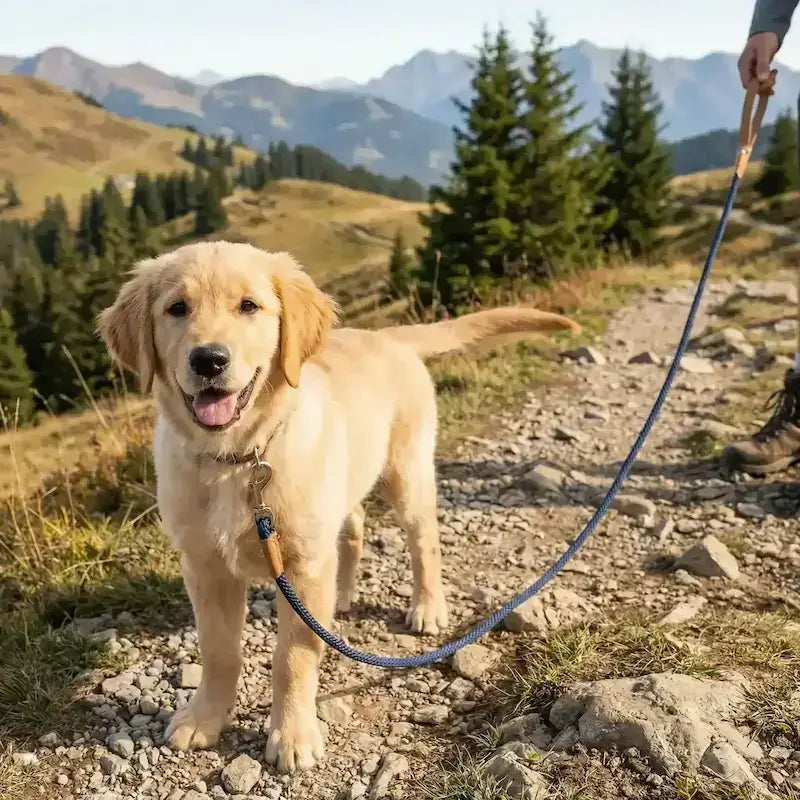 Un chiot golden retriever avec son maître en randonnée dans les montagnes avec une longe pour chiot bleue.