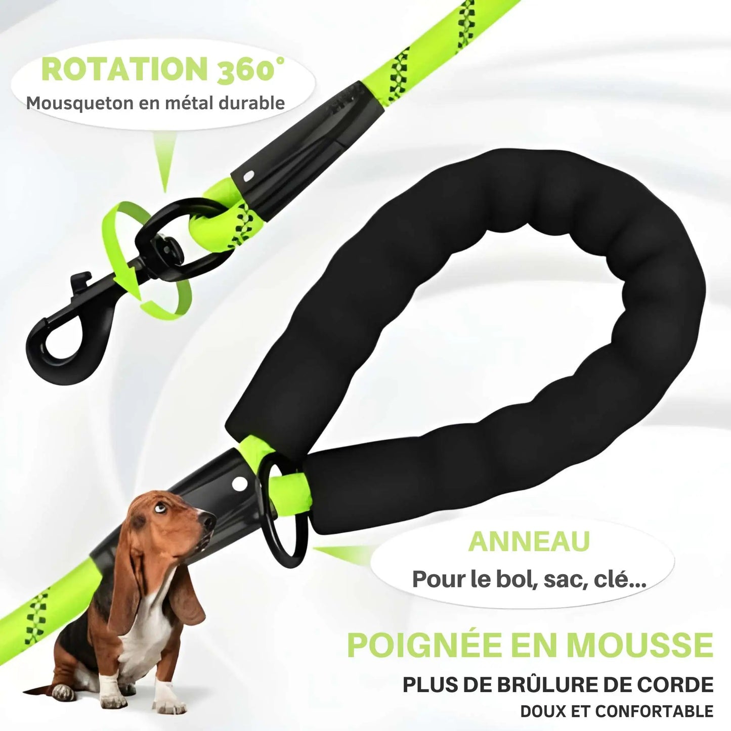 Visuel de la poignée en mousse et du mousqueton avec rotation à 360 degrés de la longe pour chien Agilité.