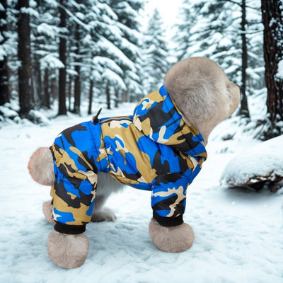 manteau chien caniche manteau camouflage bleu forest enneige