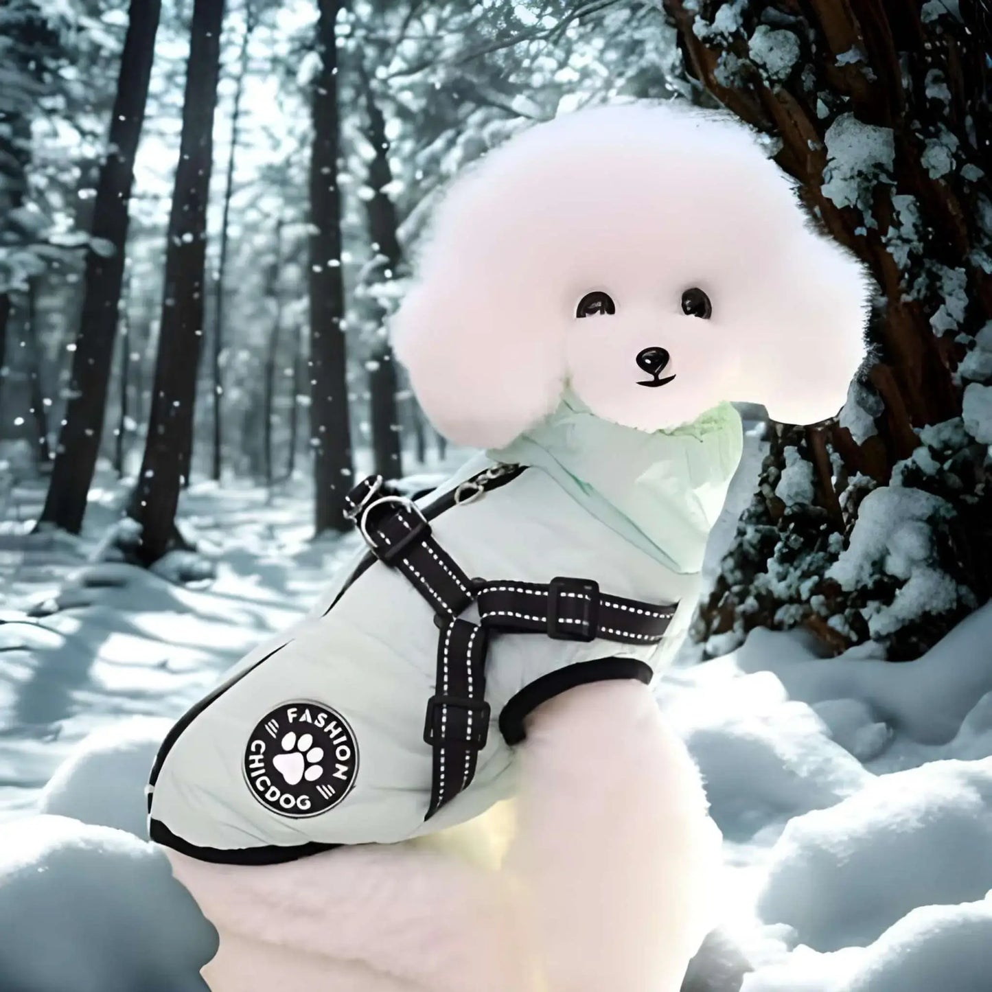 Un bichon frisé blanc dans la neige avec son manteau pour chien Élégantine.
