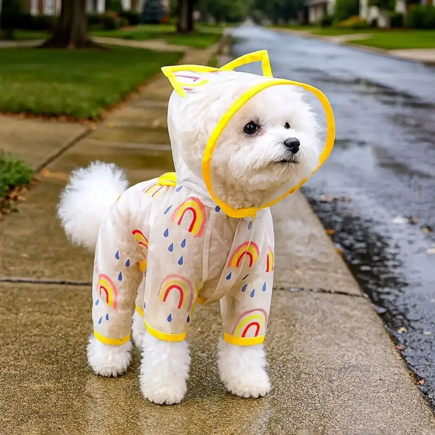 Un bichon frisé sur un trottoir sous la pluie porte un manteau pour chien de pluie jaune.