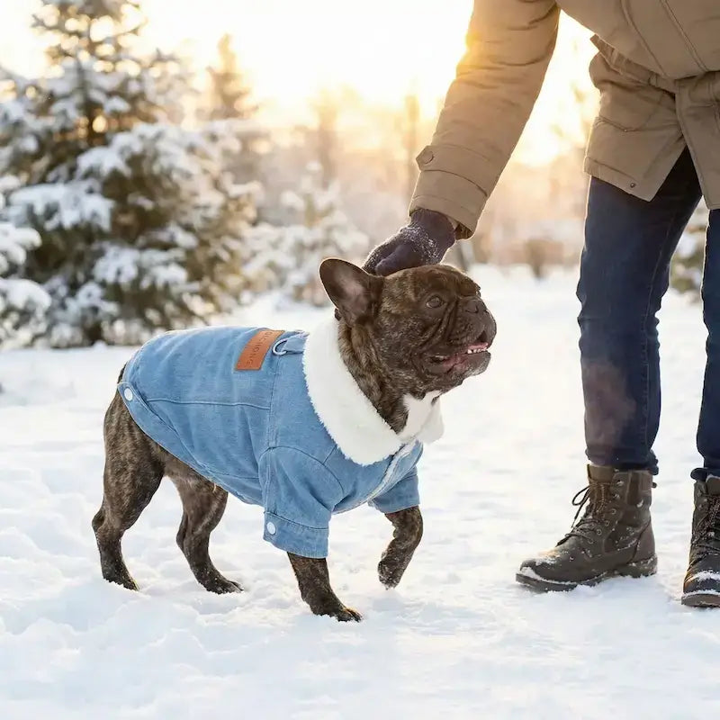 Un homme caresse son bouledogue français vêtu d'un manteau pour chien bleu pâle sur la neige en hiver.