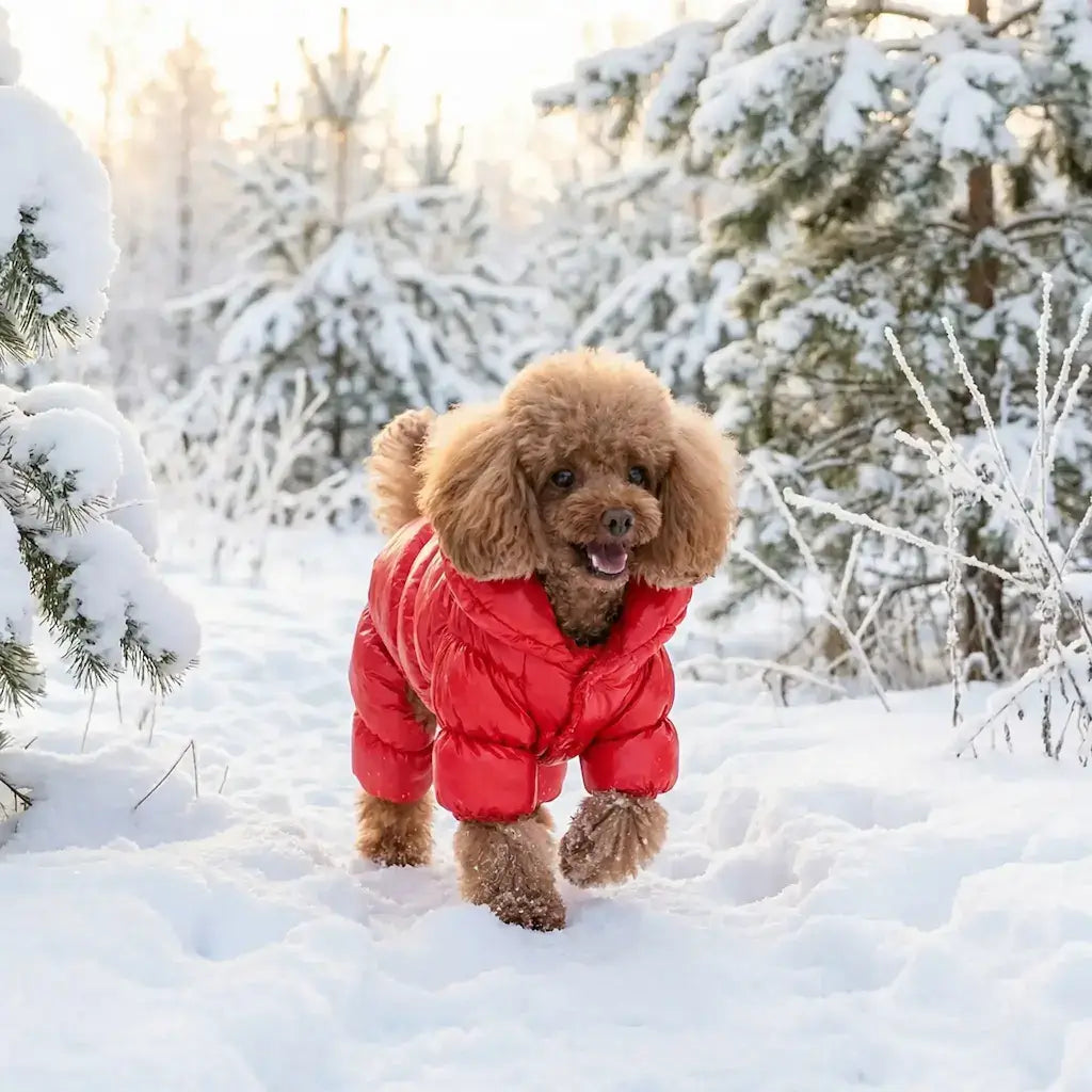 Un caniche marche dans la neige avec son manteau pour petit chien rouge.