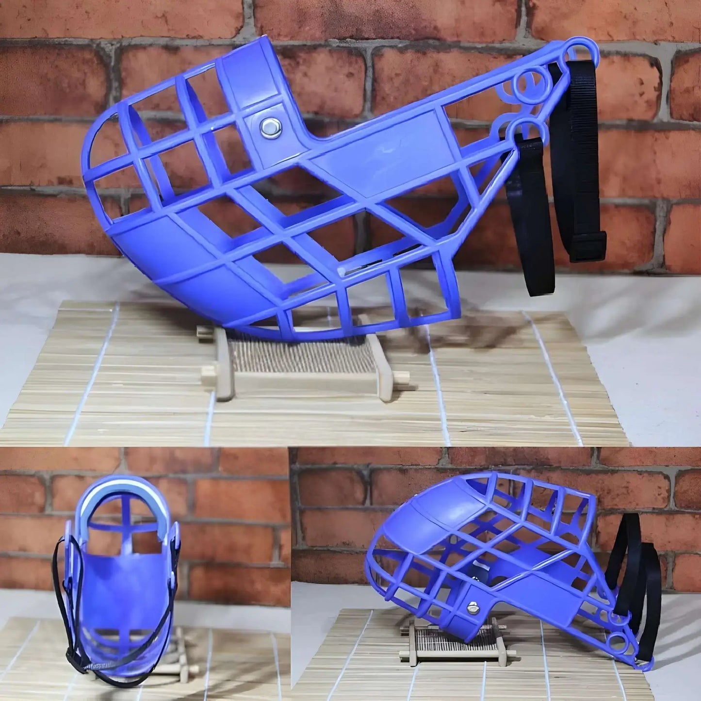 Vue de plusieurs angles, une muselière pour chien de couleur bleue sur une table.