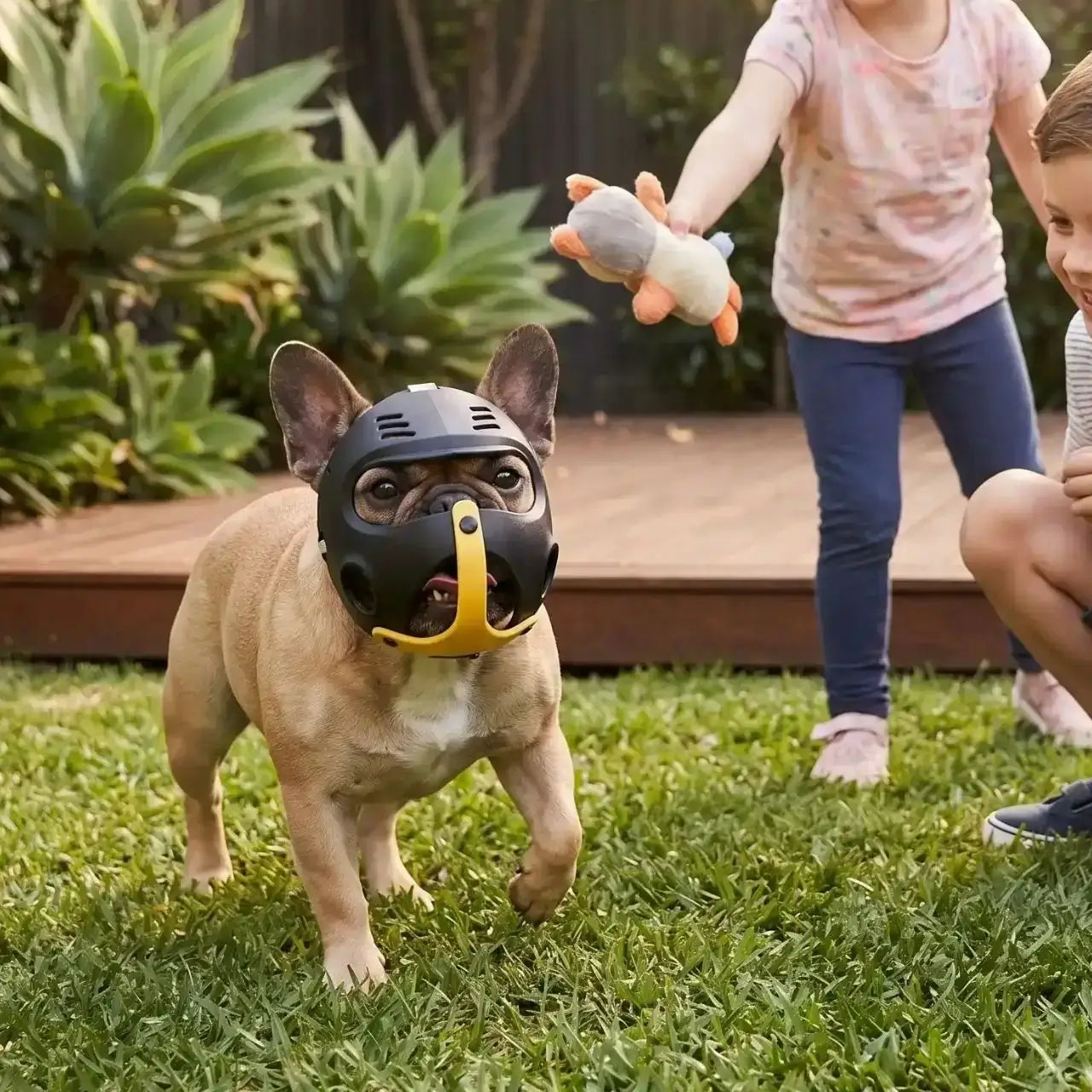 Un bouledogue français joue avec des enfants avec sa muselière pour bouledogue noire.