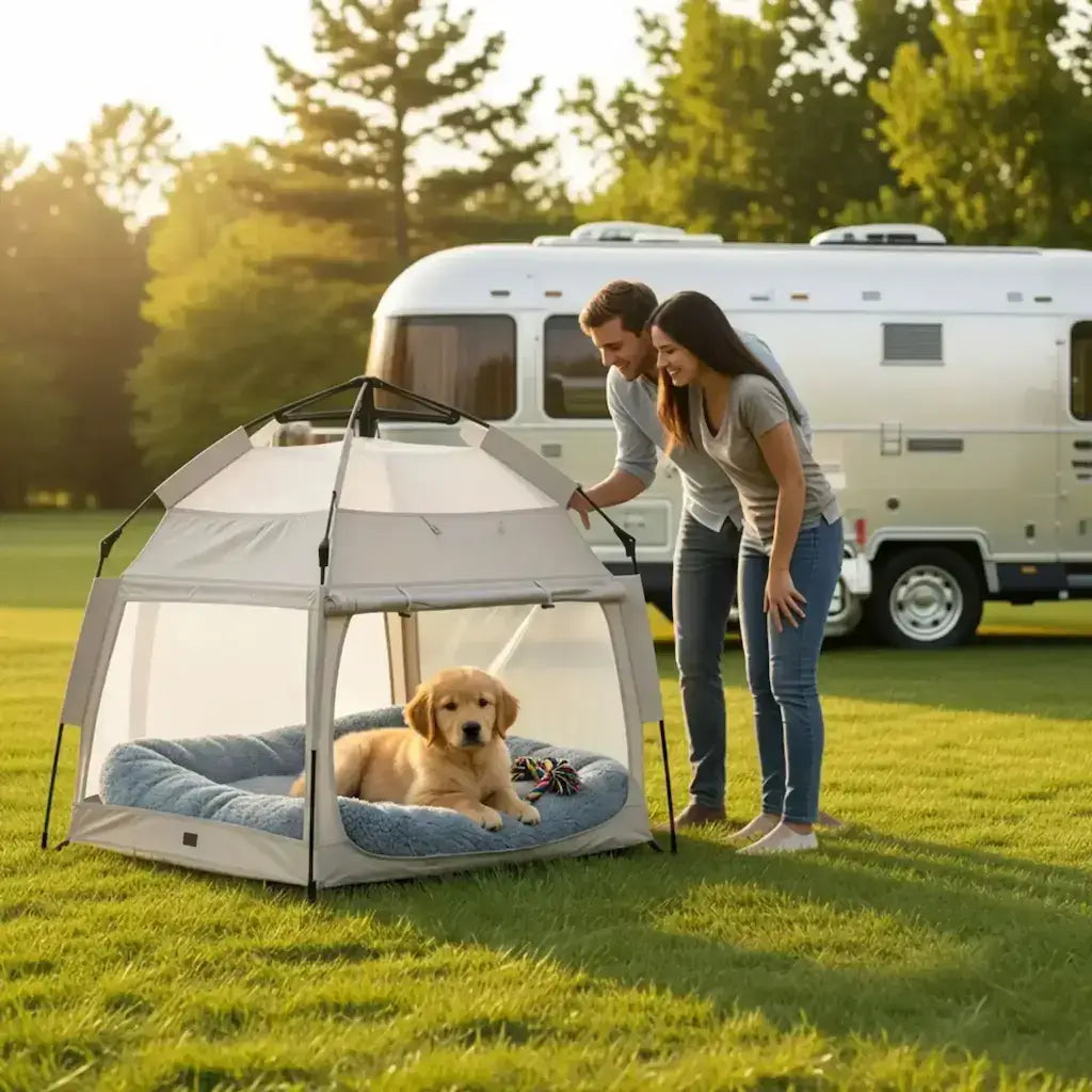 Un couple en camping regarde son chiot golden retriever dans sa niche pour chien qui sert aussi de tente.