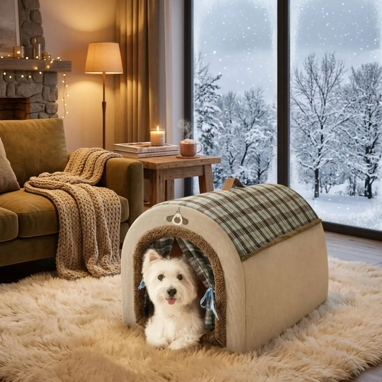 Un west highland dans sa niche pour chien d'intérieur portable dans un salon près d'une porte-fenêtre en hiver.