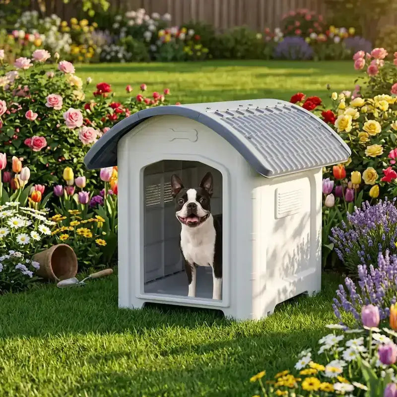 Un boston terrier dans sa niche pour chien en plastique dans une arrière-cour avec des fleurs.