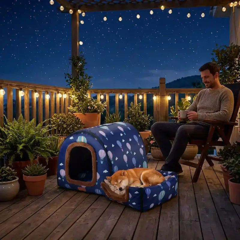 Un homme prend son café sur une terrasse la nuit avec son shiba inu allongé sur la niche d'intérieur pour chien bleue.