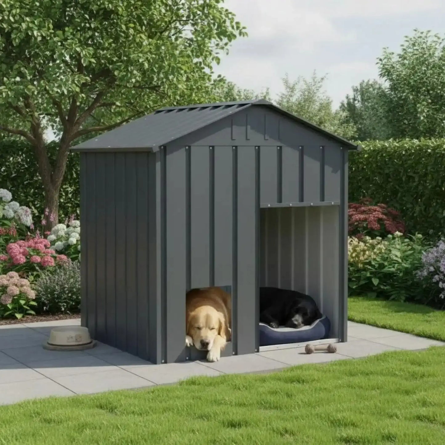 Deux chiens allongés dans une grande niche d'extérieur pour chien noir dans une arrière-cour.