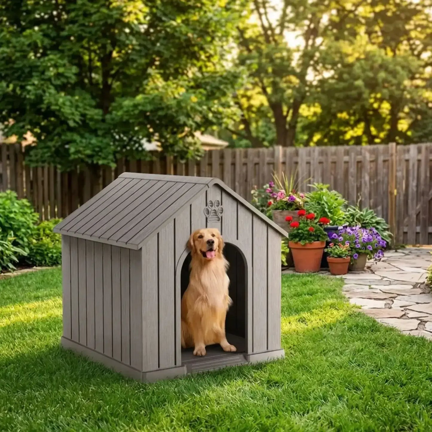 Un golden retriever dans sa niche d'extérieur pour chien dans une arrière-cour.