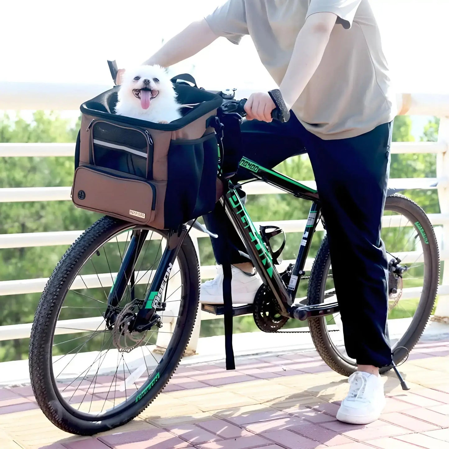 Un spitz japonais nain assis dans un panier pour chien pour vélo marron avec son maître
