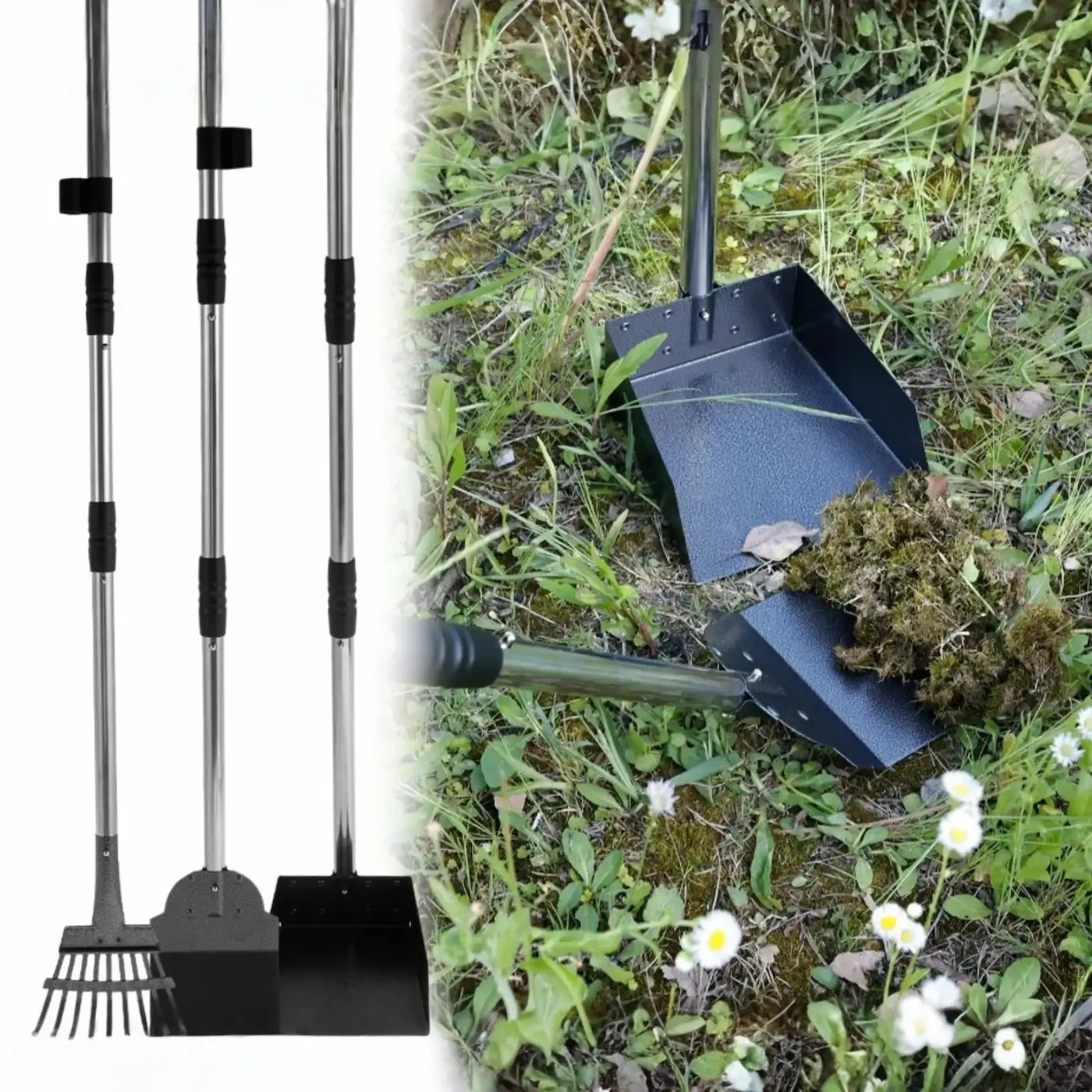 Kit de trois pièces de la pelle à crottes pour chiens.