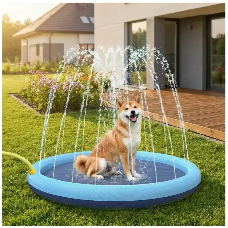 Un shiba inu dans l'arrière-cour joue dans la piscine pour chiens à jet.