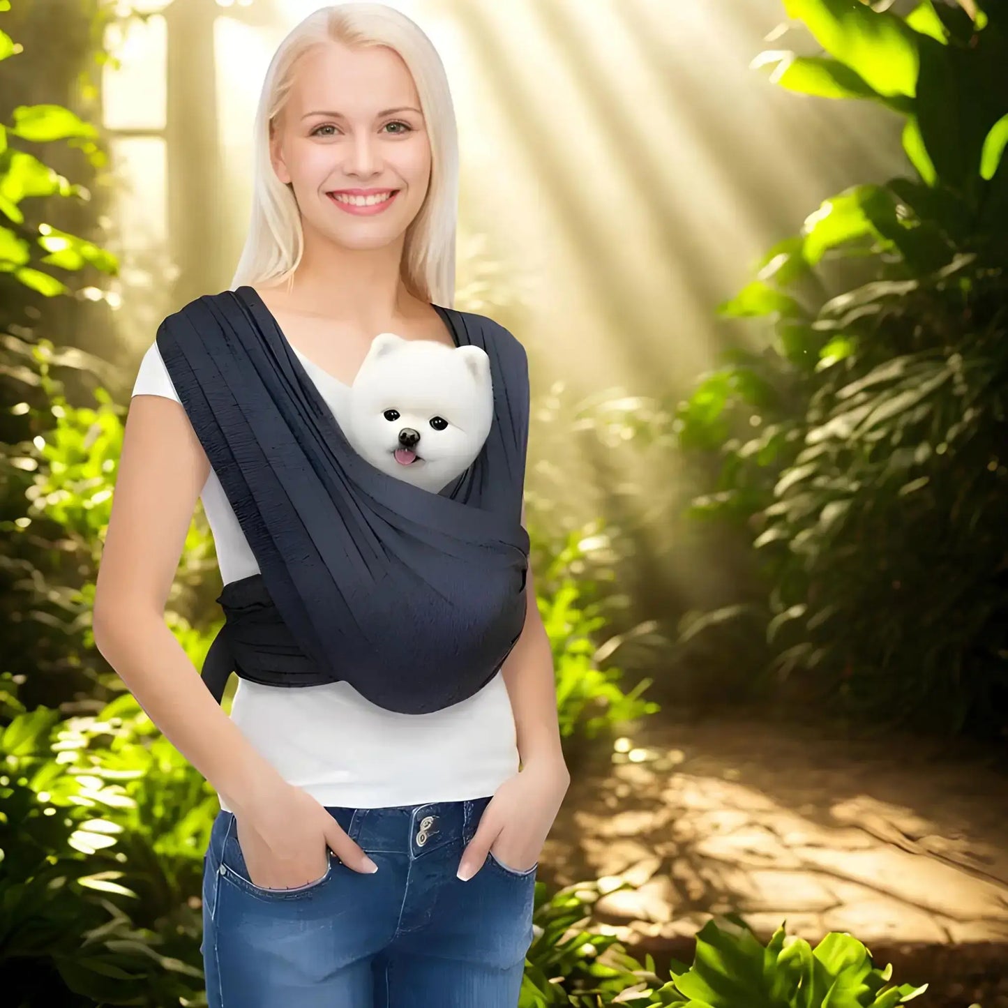 Une femme porte son spitz japonais nain dans un jardin avec des rayons de soleil dans le porte-chien PortePitous noir.