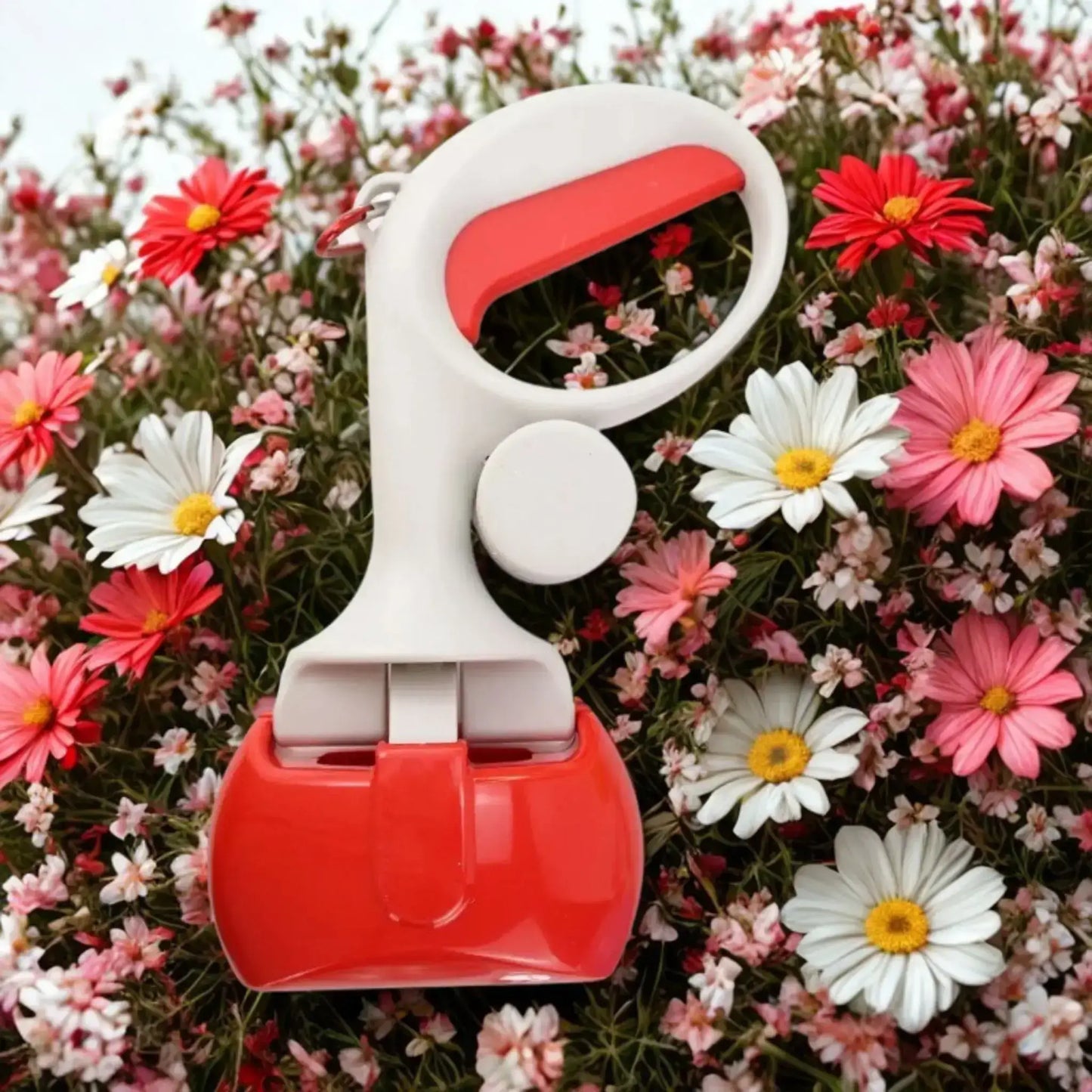 Un ramasse-crottes pour chien de couleur rouge avec des fleurs.
