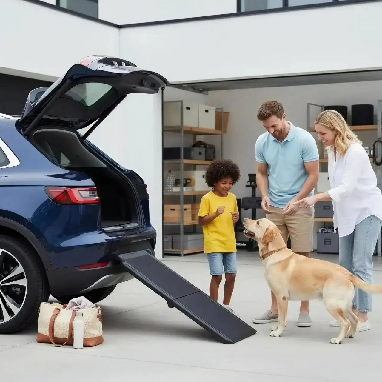Une famille avec son labrador se prépare à monter dans la voiture avec la rampe pour chien pour voiture à deux panneaux.