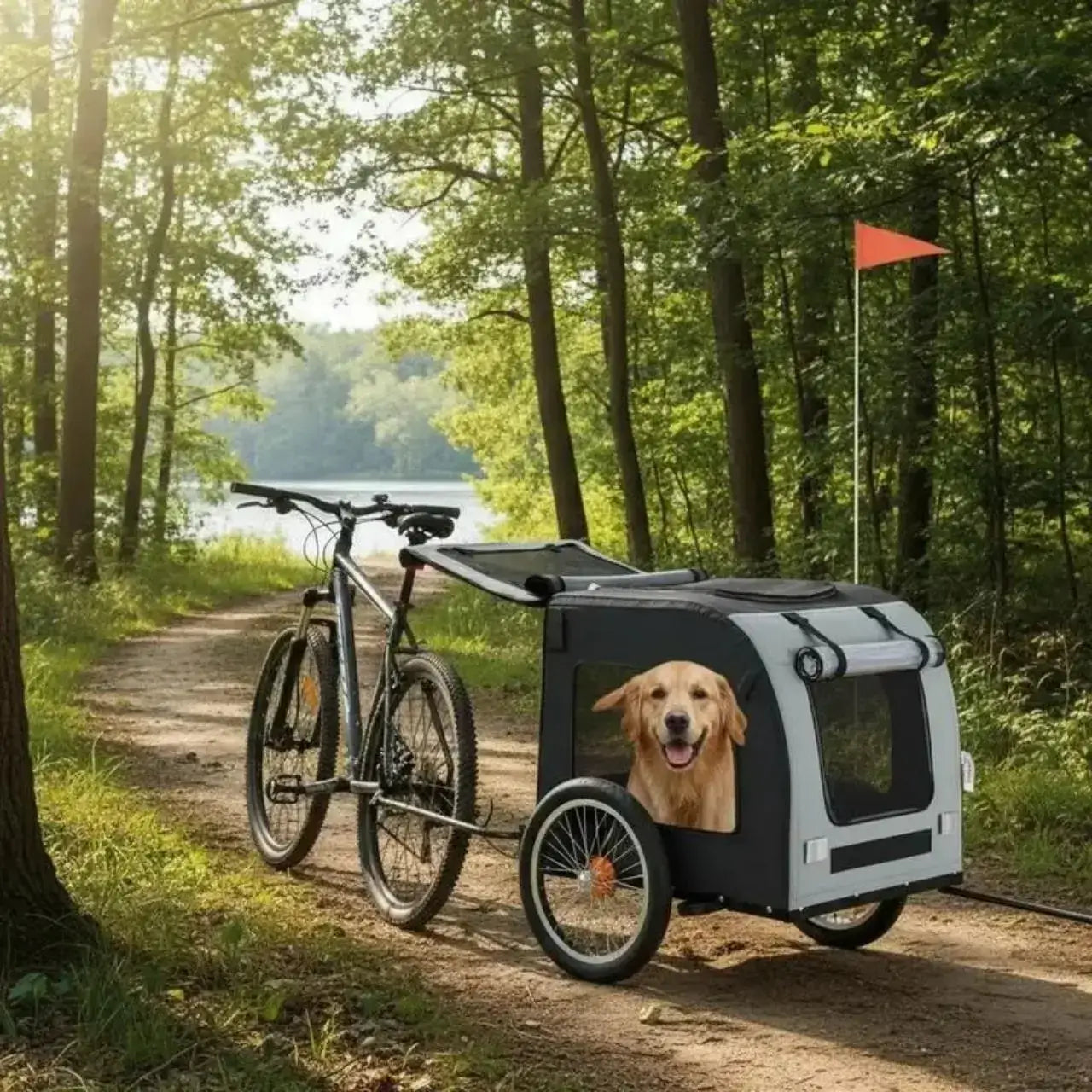 Un golden retriever dans la remorque de vélo pour chiens grise dans un sentier boisé avec un vélo.