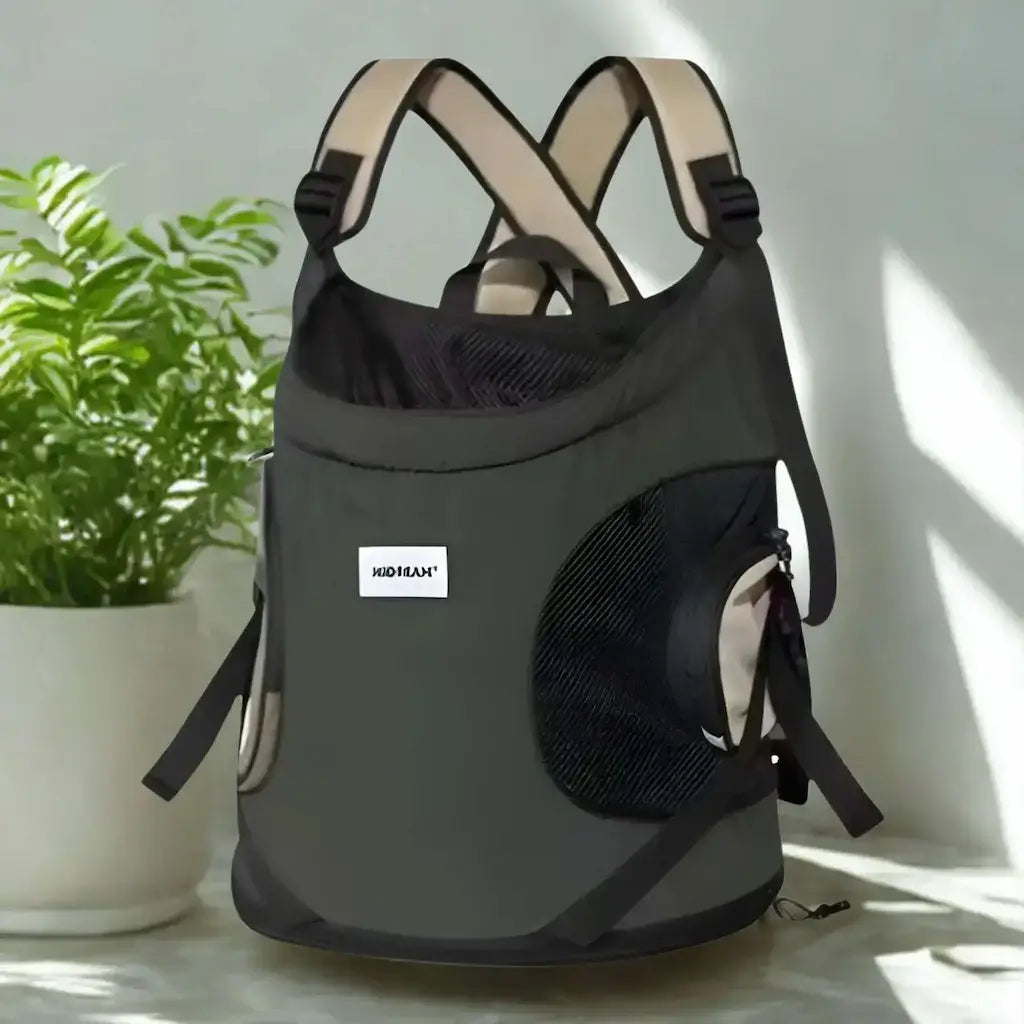 Un sac à dos pour chien de couleur noire avec une plante.