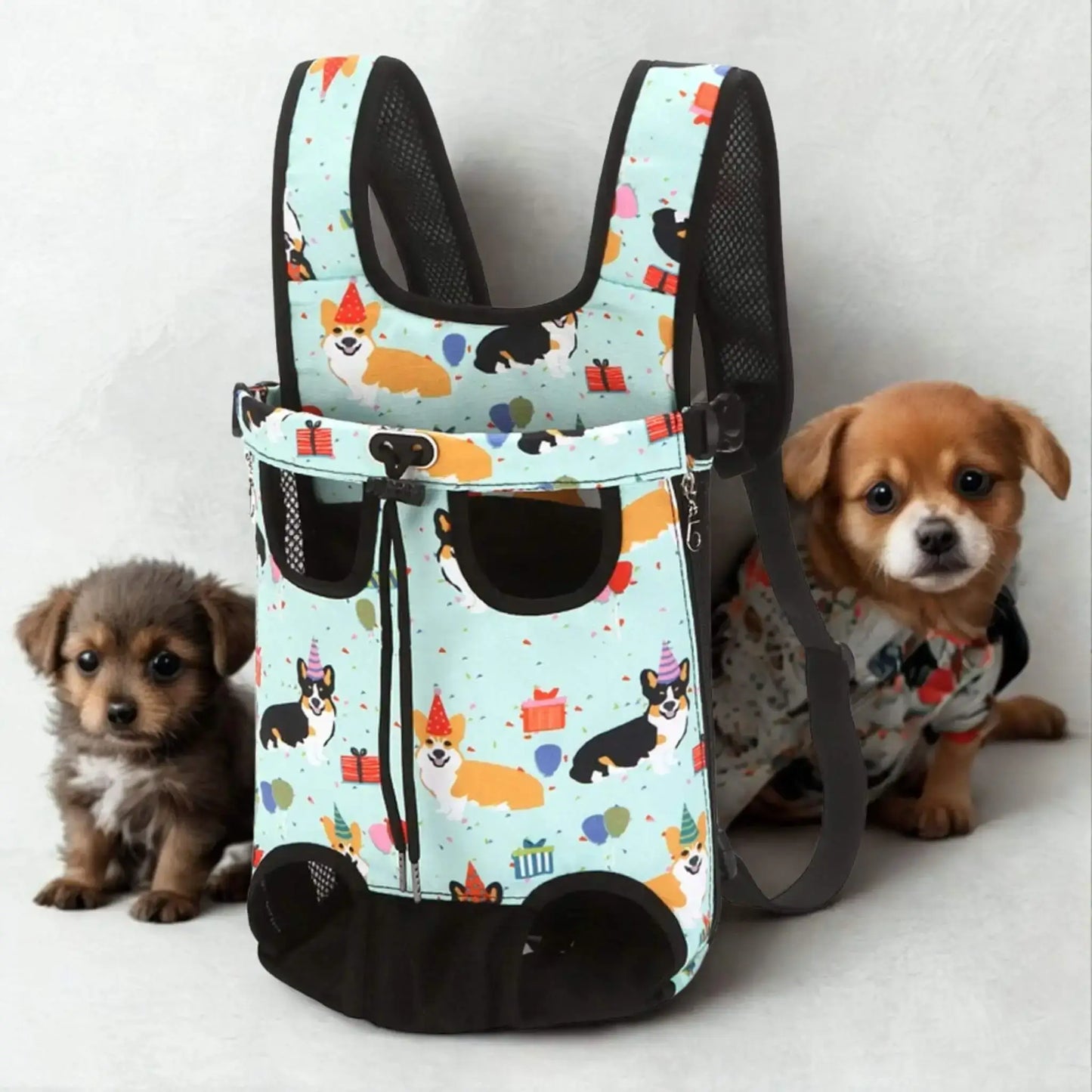 Un sac à dos pour chien de couleur turquoise avec motif de corgi en fête.