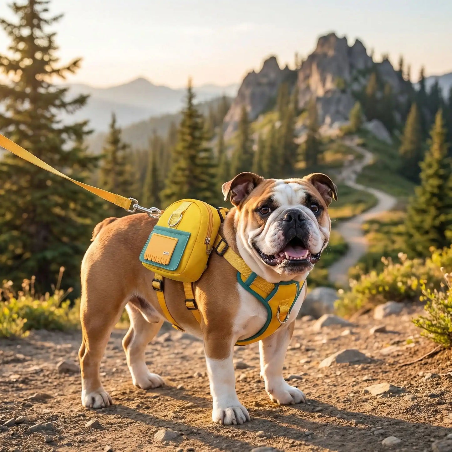 Un bouledogue anglais en randonnée avec son sac à dos pour chien jaune.