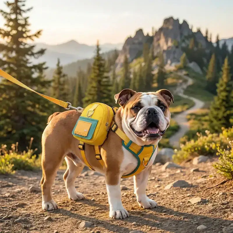 Un bouledogue anglais en randonnée avec son sac à dos pour chien jaune.