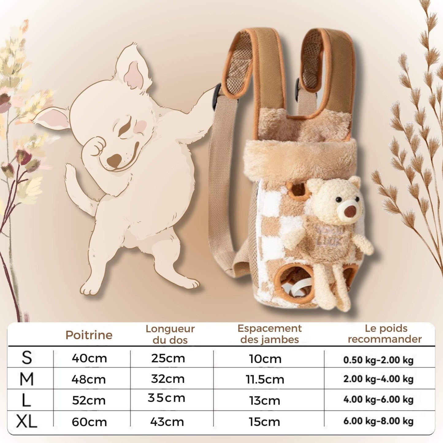 Tableau de grandeur petit, moyen, grand et extra grand du sac à dos pour chien avec dessin d'un chien en décoration