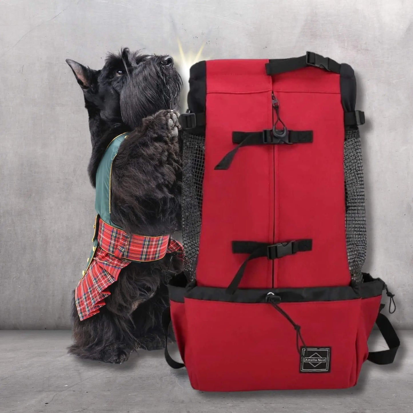 Un sac à dos rouge avec un scotch terrier noir sur ses pattes arrière avec une jupe écossaise.