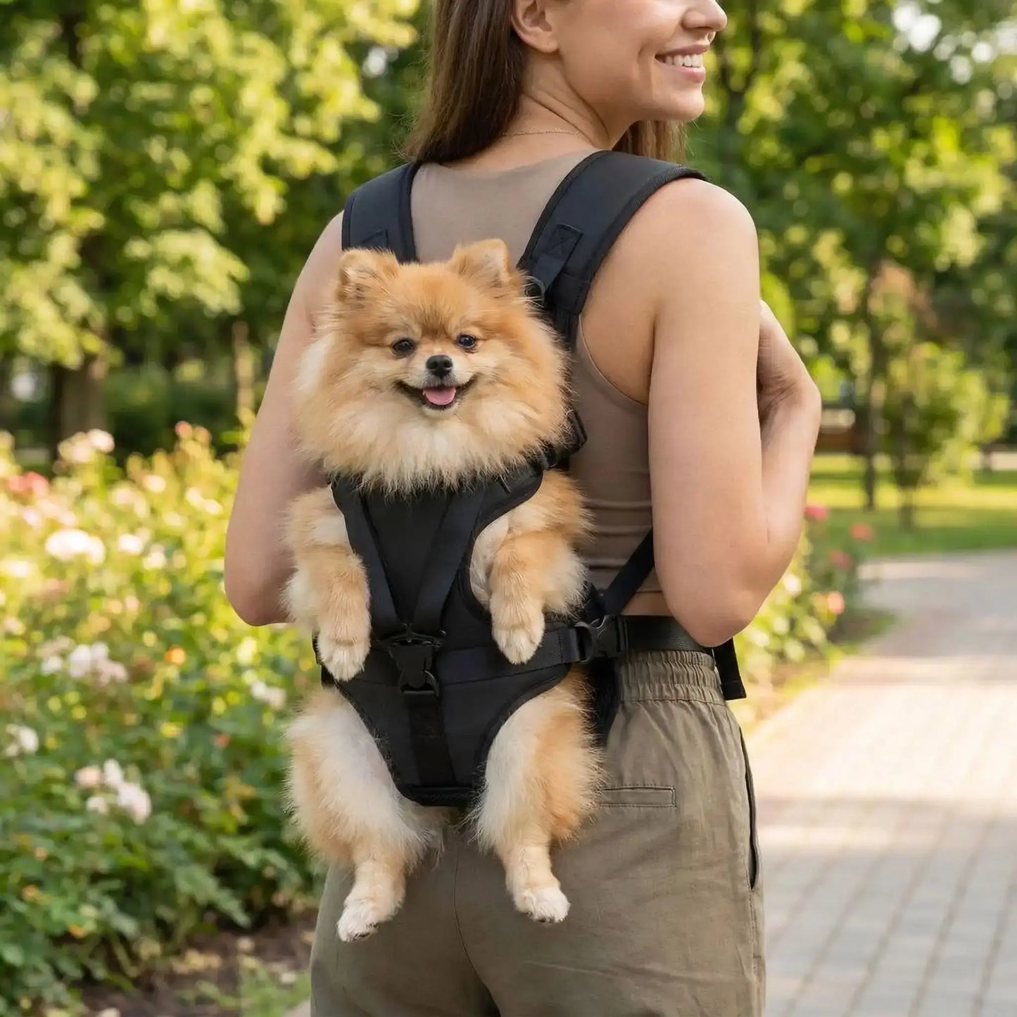 Une femme vue de dos porte son poméranien dans son sac à dos pour transporter un chien noir.