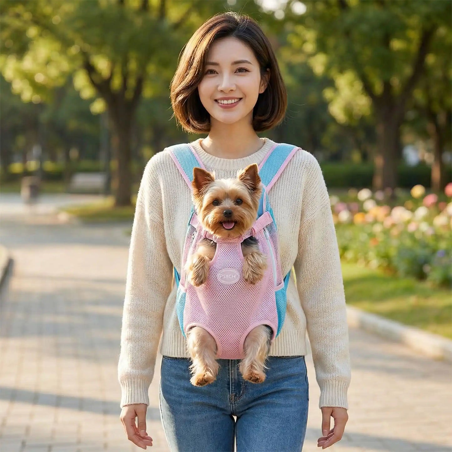 Une femme vue de face porte son yorkshire dans son sac à dos pour transporter un chien.