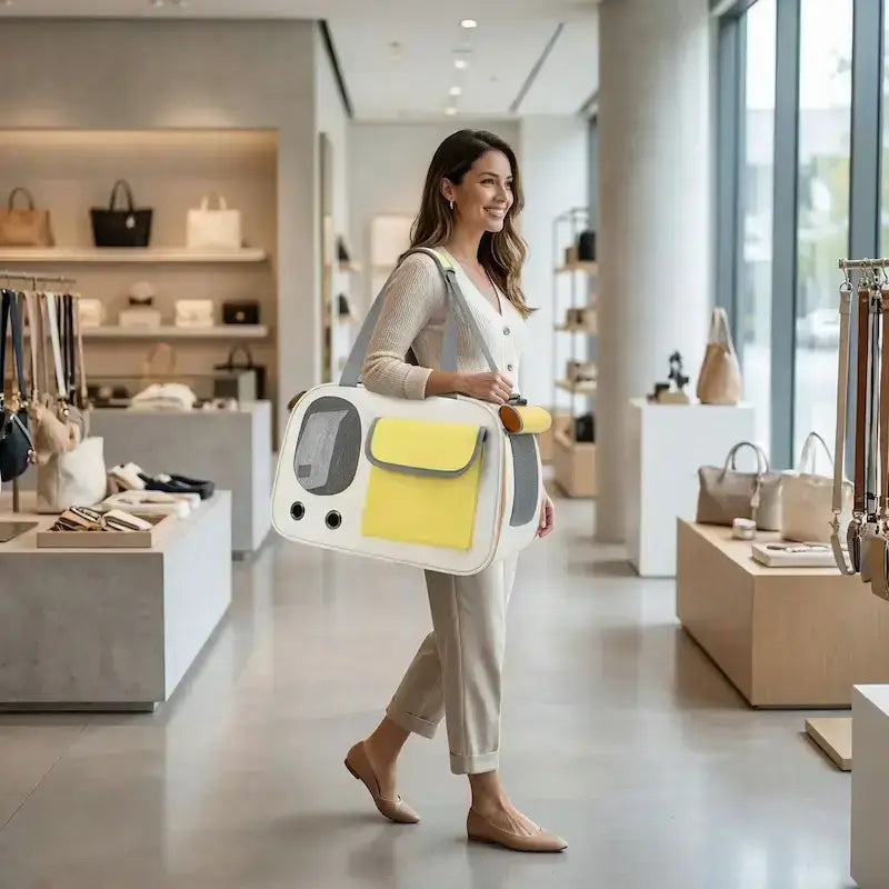 Une femme dans un magasin de chaussures porte à l'épaule un sac de transport pour chien jaune.
