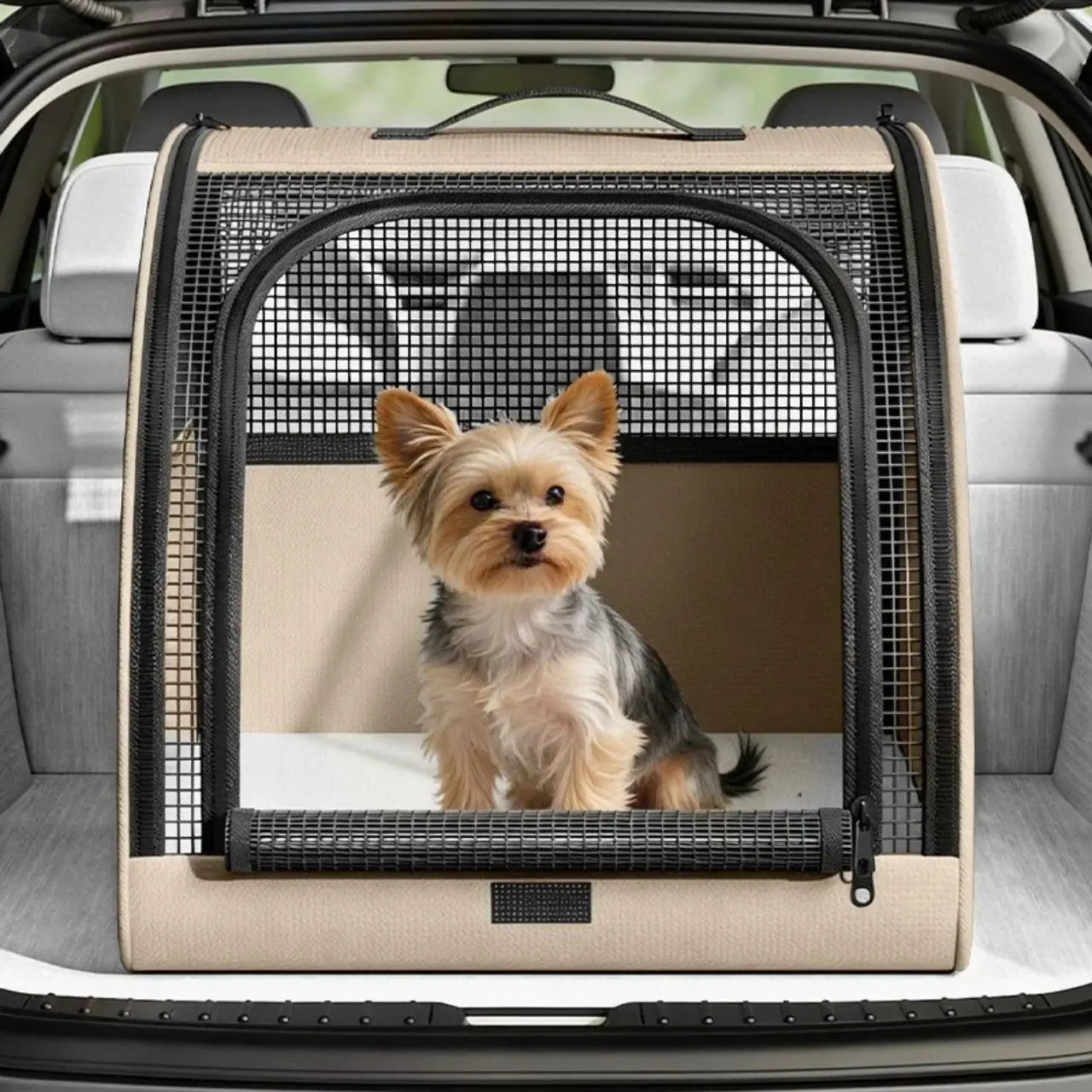 Un Yorkshire assis dans son sac de transport pour voiture pour chien beige.