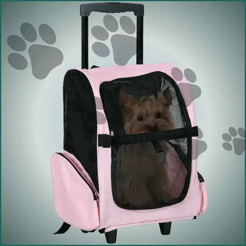 Un sac de transport pour chien de couleur rose avec un yorkshire à l'intérieur.