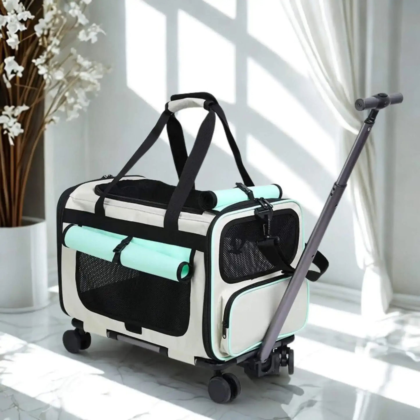 Un sac de transport pour petit chien de couleur blanc et turquoise avec rideau en arrière,
