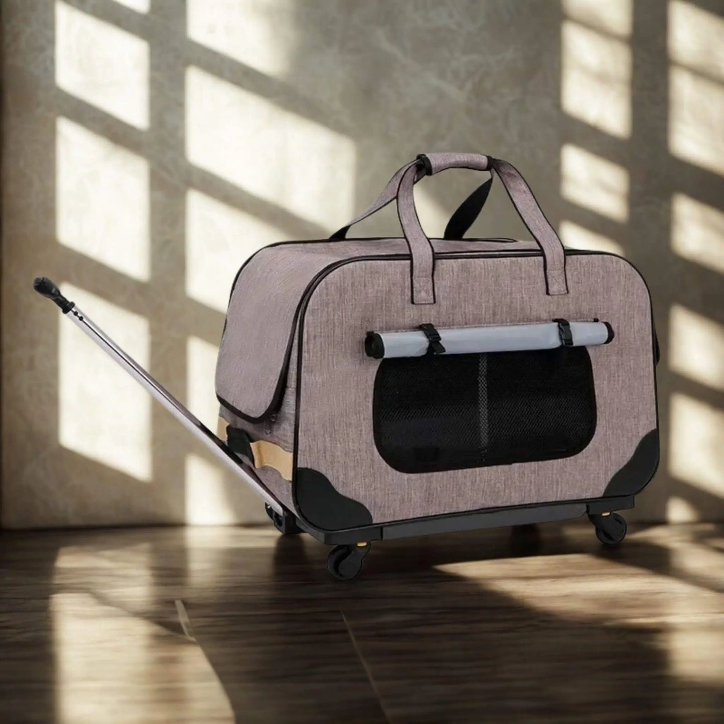 Un sac de transport pour chien à roulettes et manche télescopique rose.